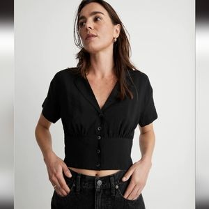 ❤️ NWT Madewell Drapey Banded Bottom Button Down Top Black Size XXS NJ625